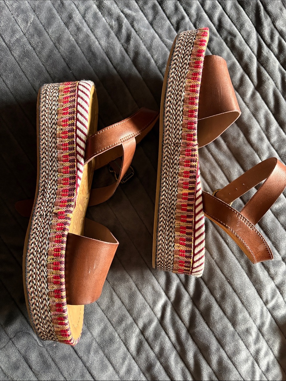 Blowfish Brown Leather Platform Sandals with Red Accents